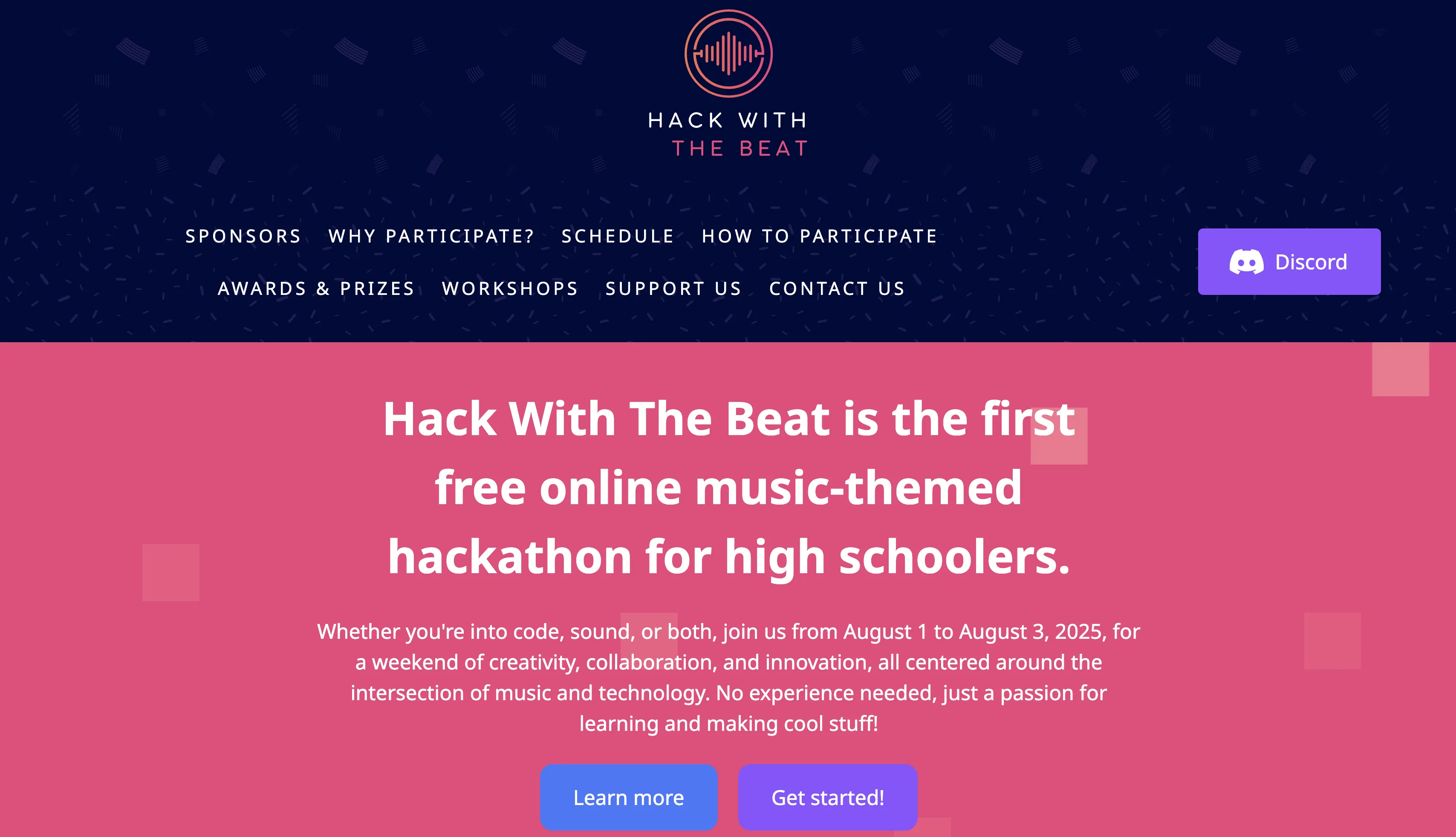 Homepage screenshot of the Hack with the Beat high school hackathon website